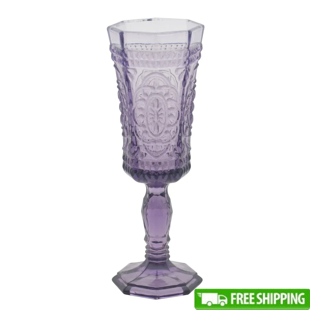 

Antique Inspired Embossed Amethyst Champagne Flute Set of 6 Durable Dishwasher Safe Vintage Glassware Tabletop Decor