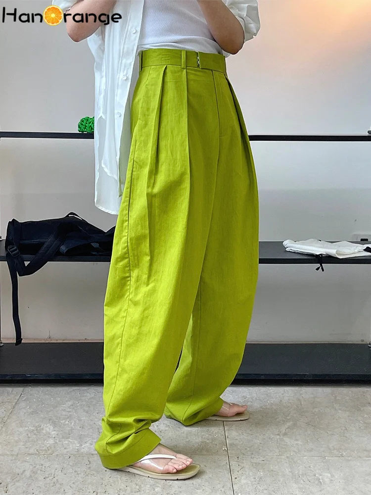 HanOrange 2024 Summer Fashion Linen High Waist Wide Leg Pants Women Loose Profile Dry Breathable Trousers Female Vintage Clothes