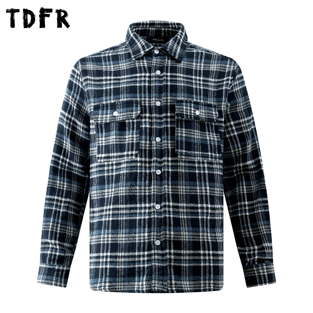 

Plaid Long Sleeve Shirts Man Pocket Retro Casual Autumn Loose Lapel Single Breasted Checked Shirt Man