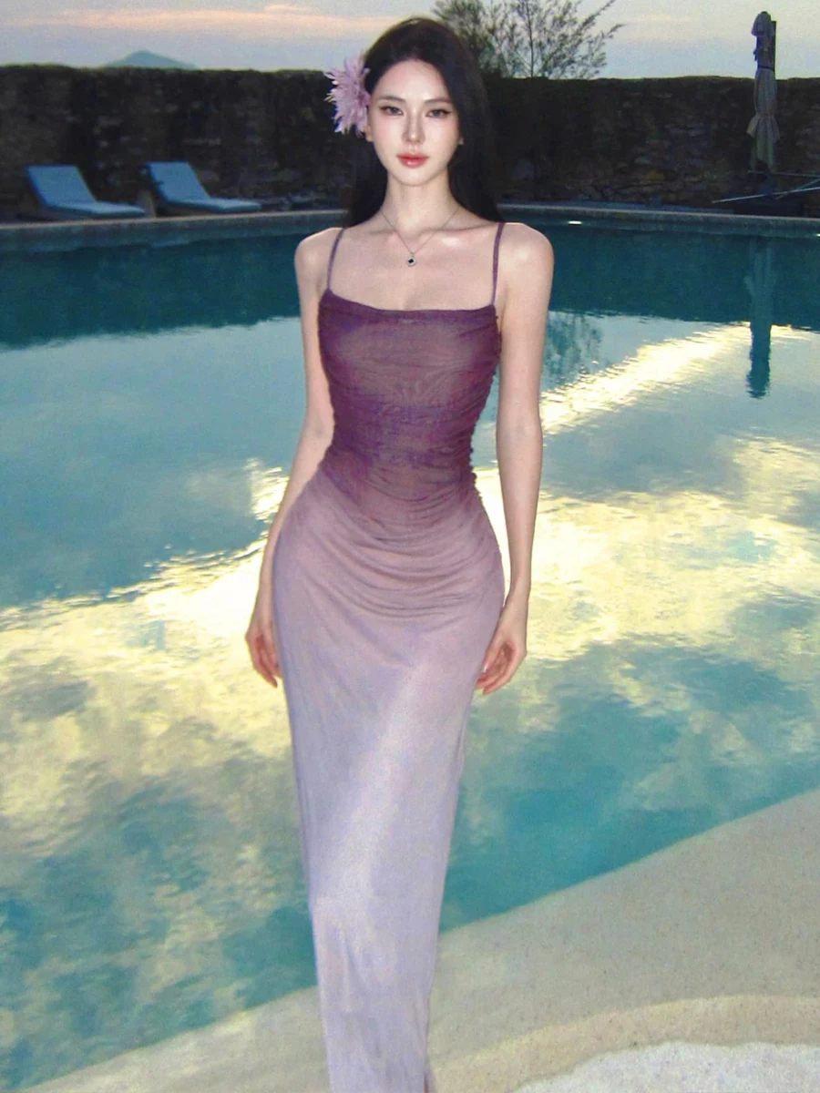 Sexy High Waist Gradient Color Mesh Strap Dress Vest Style Bodycon Backless Holiday Dress for Young Women in Spring Summer Au...