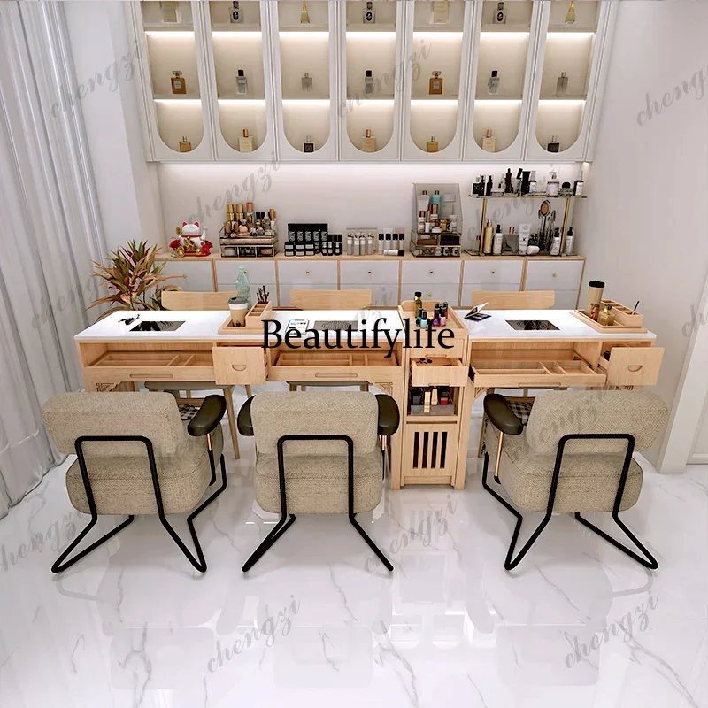 Y136  Solid wood manicure table with vacuum cleaner marble single double table and chair set for nail salons