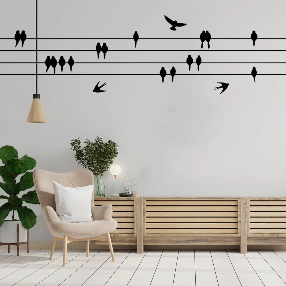 Birds on a Wire Wall Stickers Decorative Sticker Bedroom Wall Arts Classical Black Removable Vinyl Bird Decals