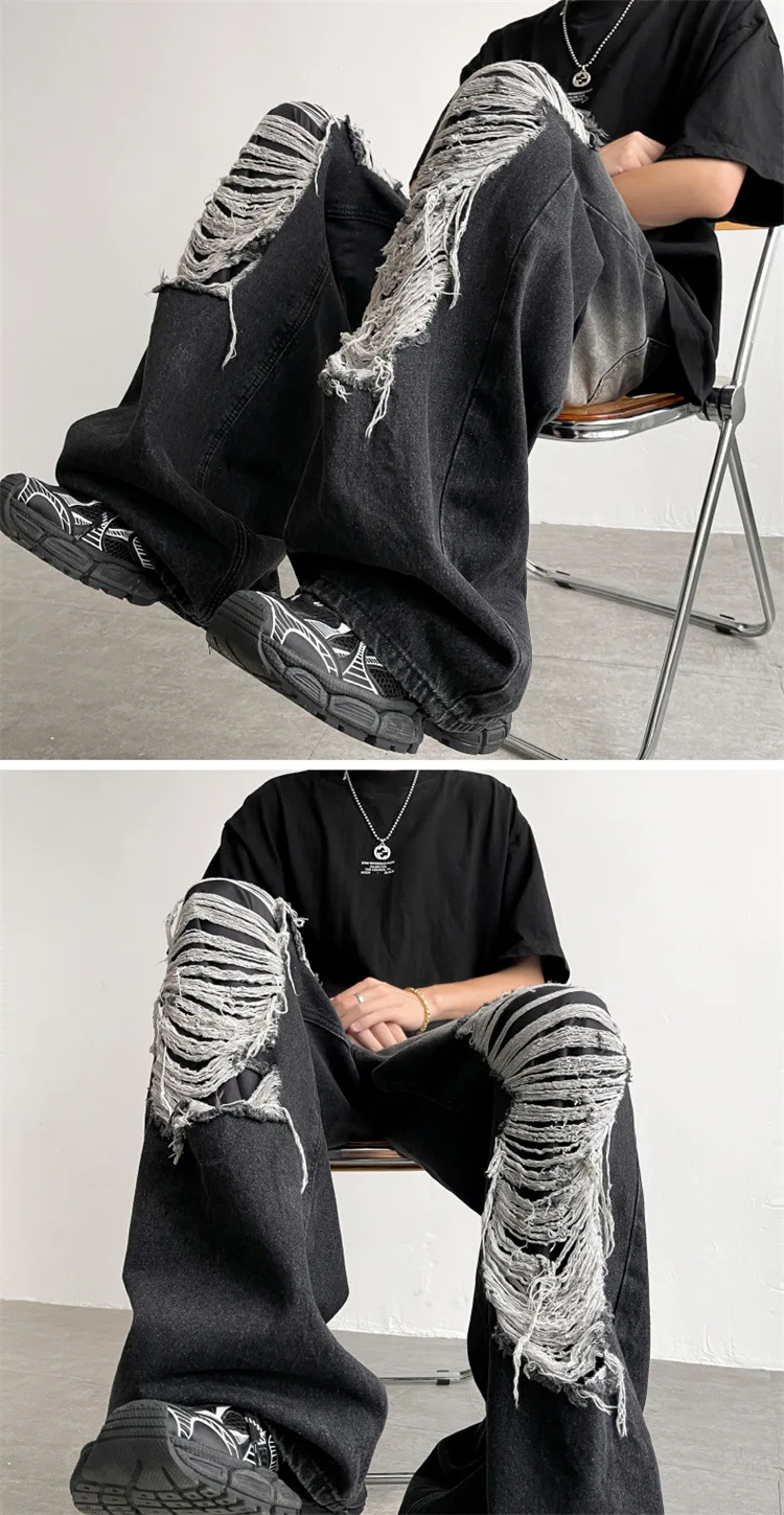 Holes Jean Men Full Length Wide Leg Jeans Ripped Denim Washed Pants High Waist Distressed Casual Pockets Zipper Fly Autumn