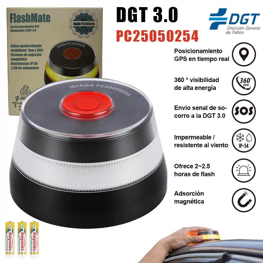 Luz de Emergencia Automotriz V16 Homologada por la DGT, Conexión DGT 3.0, Autenticación por Geolocalización, Luz de Emergencia con Duración Hasta 2038