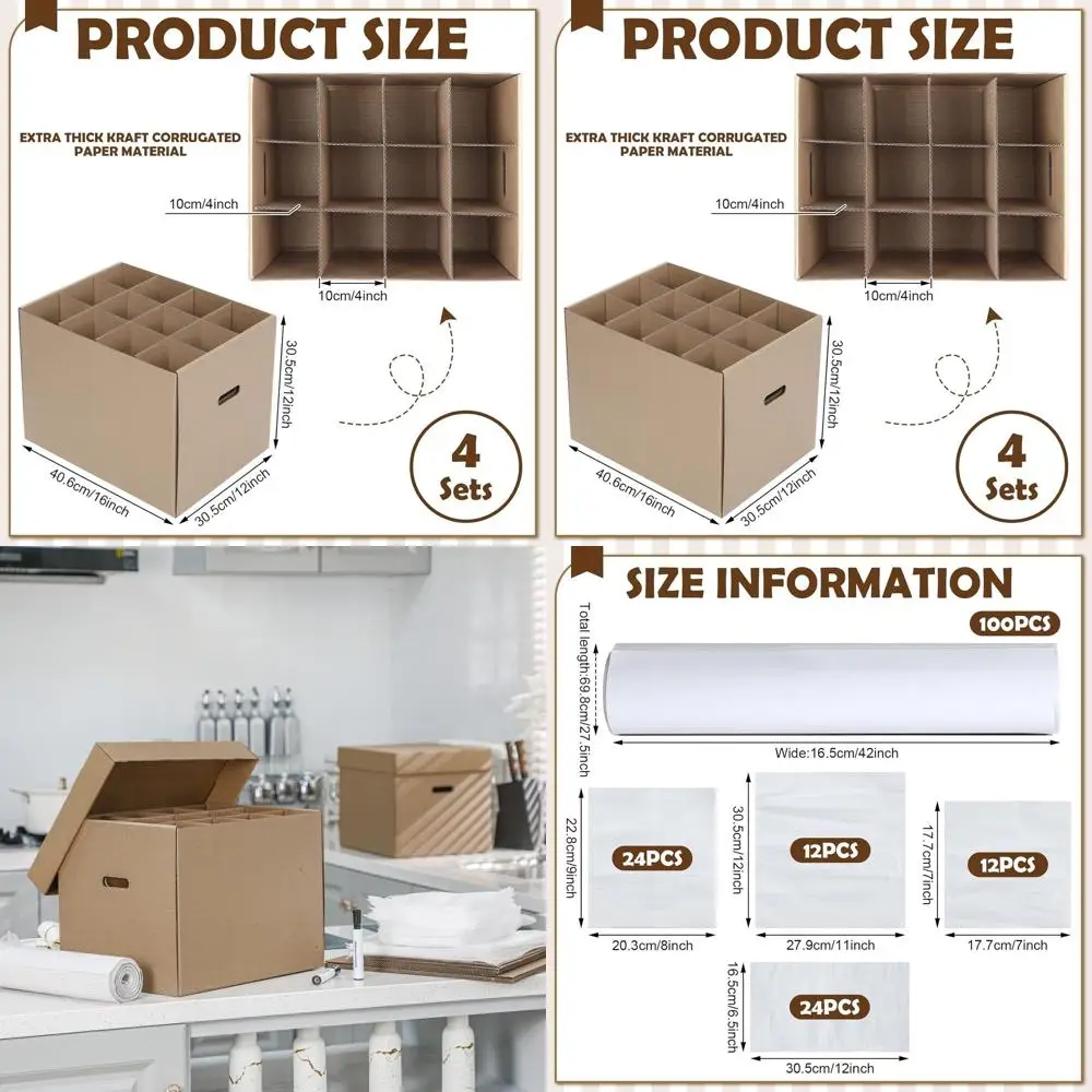 

Set of 4 Kitchen Moving Boxes with 72 Dish & Glass Inserts, 16x12x12 Wine Glass Boxes, Handle & Lid Included