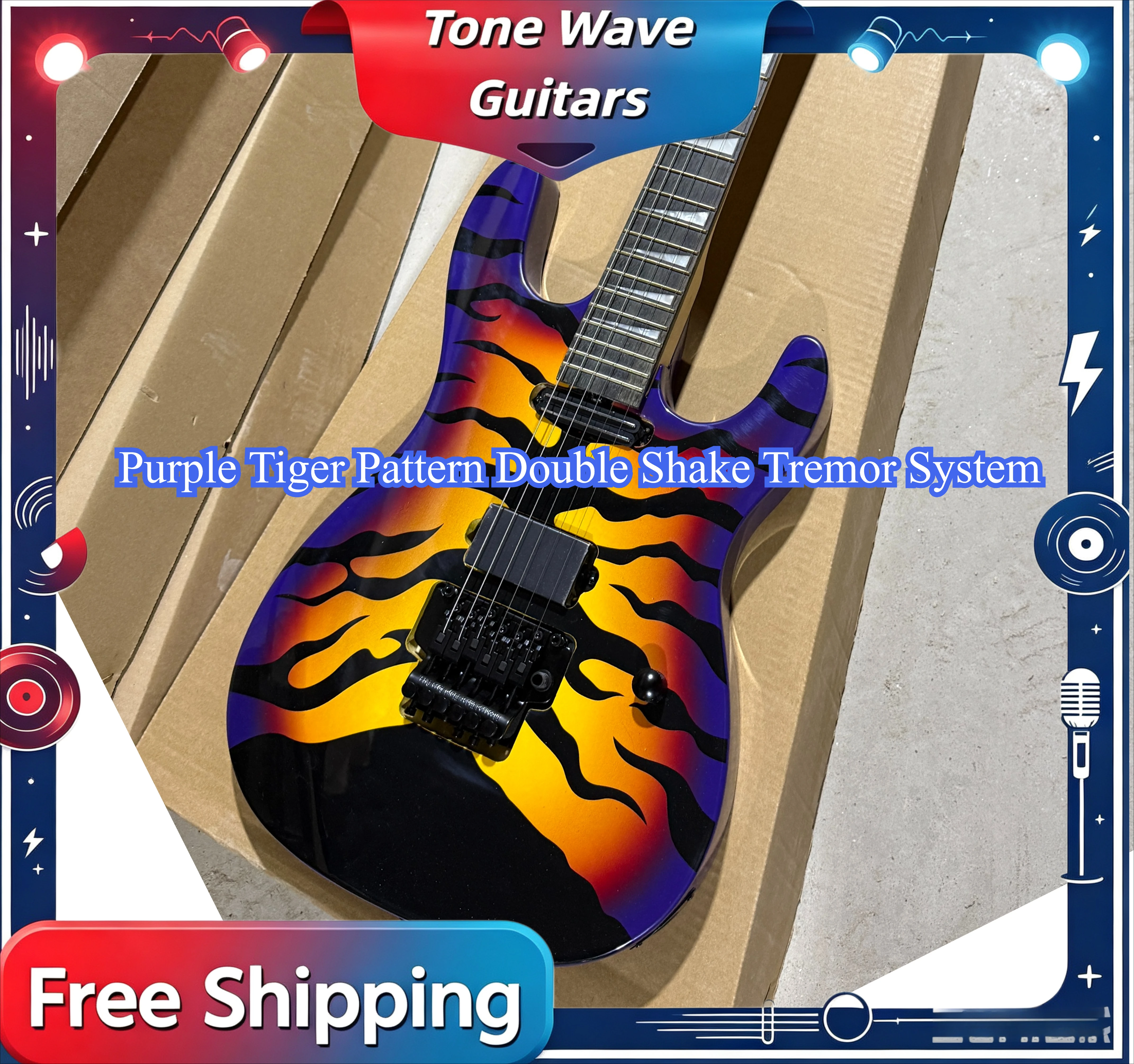 Special Offer Electric Guitar Purple Yellow Gradient Flame Tiger Pattern Double Shake Heavy-duty Mahogany Body Unisex Beginner