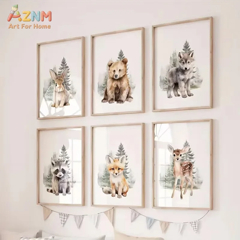 AZNM Watercolor Forest Animal Canvas Print Rabbit Bear Wolf Raccoon Fox Deer Pine Tree Neutral Woodland Unframed Canvas Wall Art