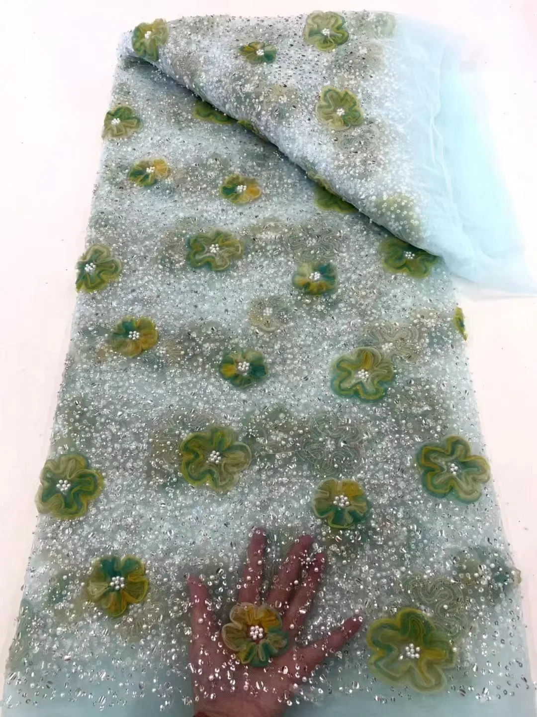 Fashion French Mesh 3D Flowers Embroidery Beadeds Lace Fabric With Sequins African Nigerian Fabric For Wedding Dress