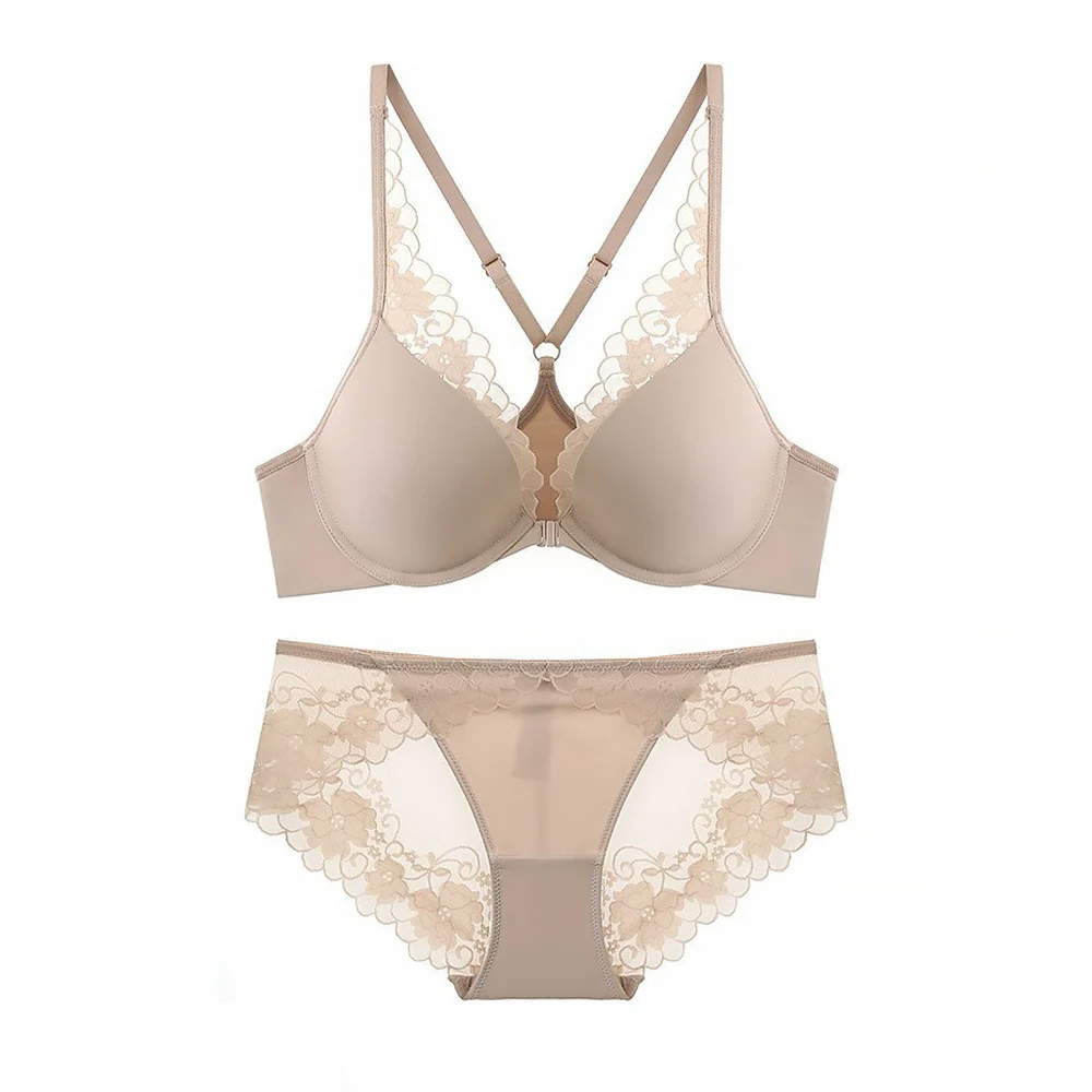 Women Lace Bra Front Open See Through Brief Set Elegant Thin Lingerie Set Ladies Bra Set Underwear