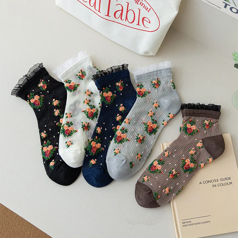 Lolita Lace Ruffle Socks Floral Embroidery Harajuku Vintage Short Socks Women Summer Ultra-thin Transparent Crystal Silk Socks