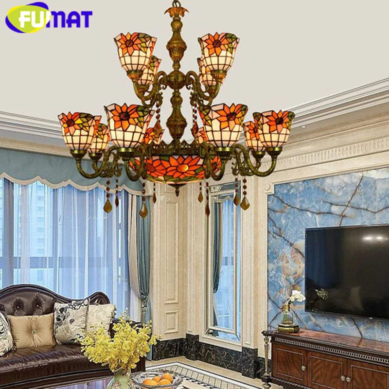 FUMAT Stained Glass Chandelier Lighting lustres LED Tiffany decor suspension luminaire lamp 2 layers hanging light fixture Lamp