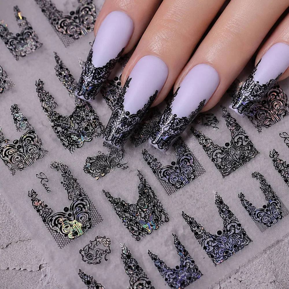1Pc Pearl Embellished Gothic Lace Nail Sticker French V Lace Pattern Glitter Nail Decal Self Adhesive Ultra Thin Nail Slider