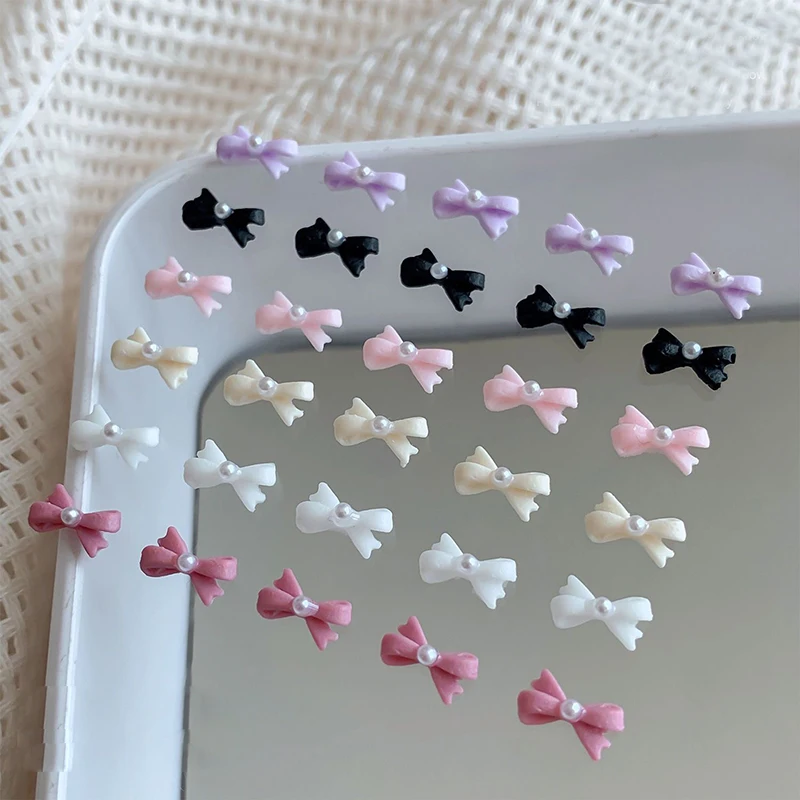 Gravata borboleta de resina incrustada com pérolas, decoração de arte de unha, laço de fundo plano, cor mista, acessórios diy para unhas, 30/100 peças