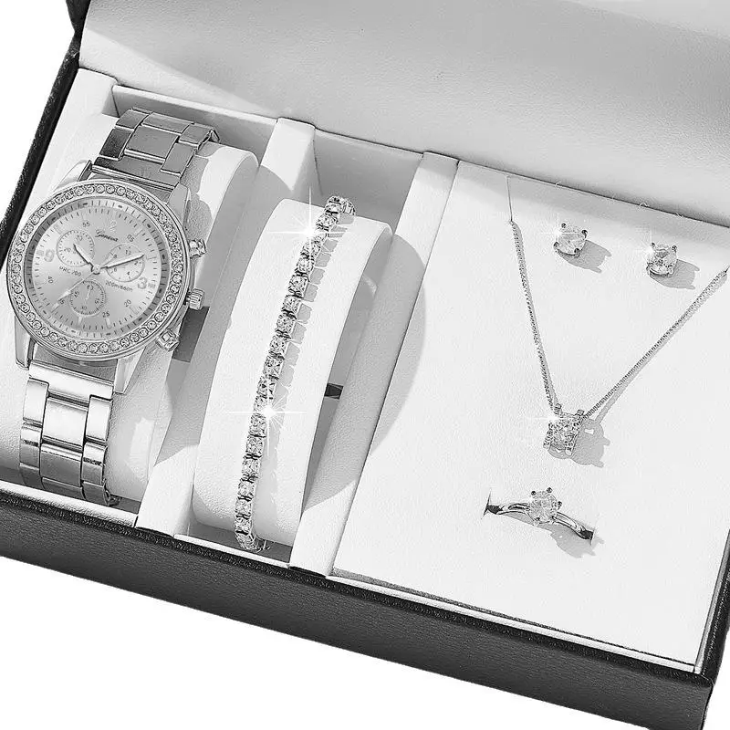 Buitenlandse Handel Explosie Modellen Vijfdelige Dameshorloges Dameshorloge Drie Ogen Set Quartz Met Diamanten Horloge Cadeau Cadeau Polshorloge