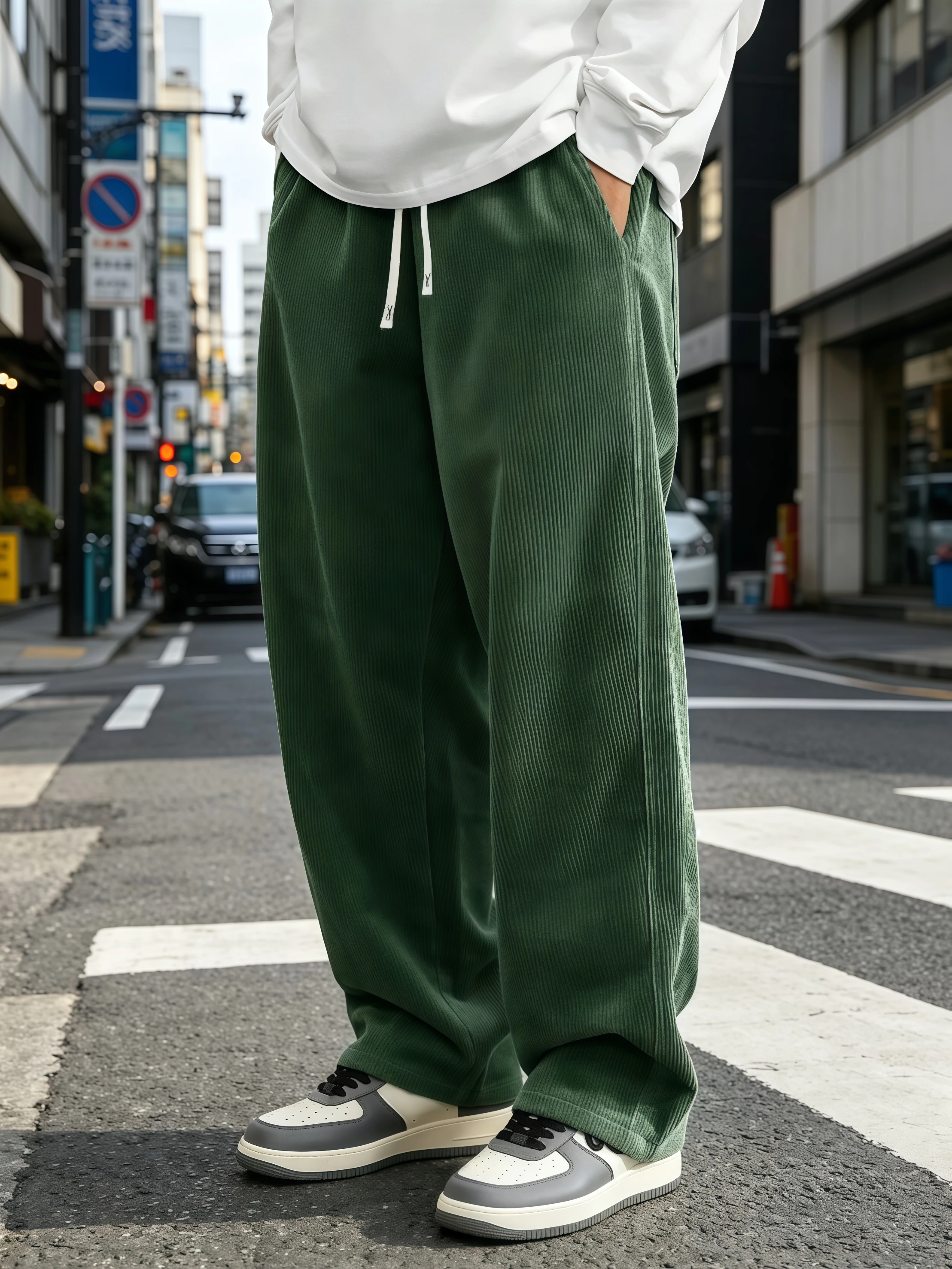 Herren Cordhose mit weitem Bein, einfarbig, lockerer Schnitt, elastischer Kordelzug, gerade geschnittene Outdoor-Streetwear-Hose S-4XL – Detail 4