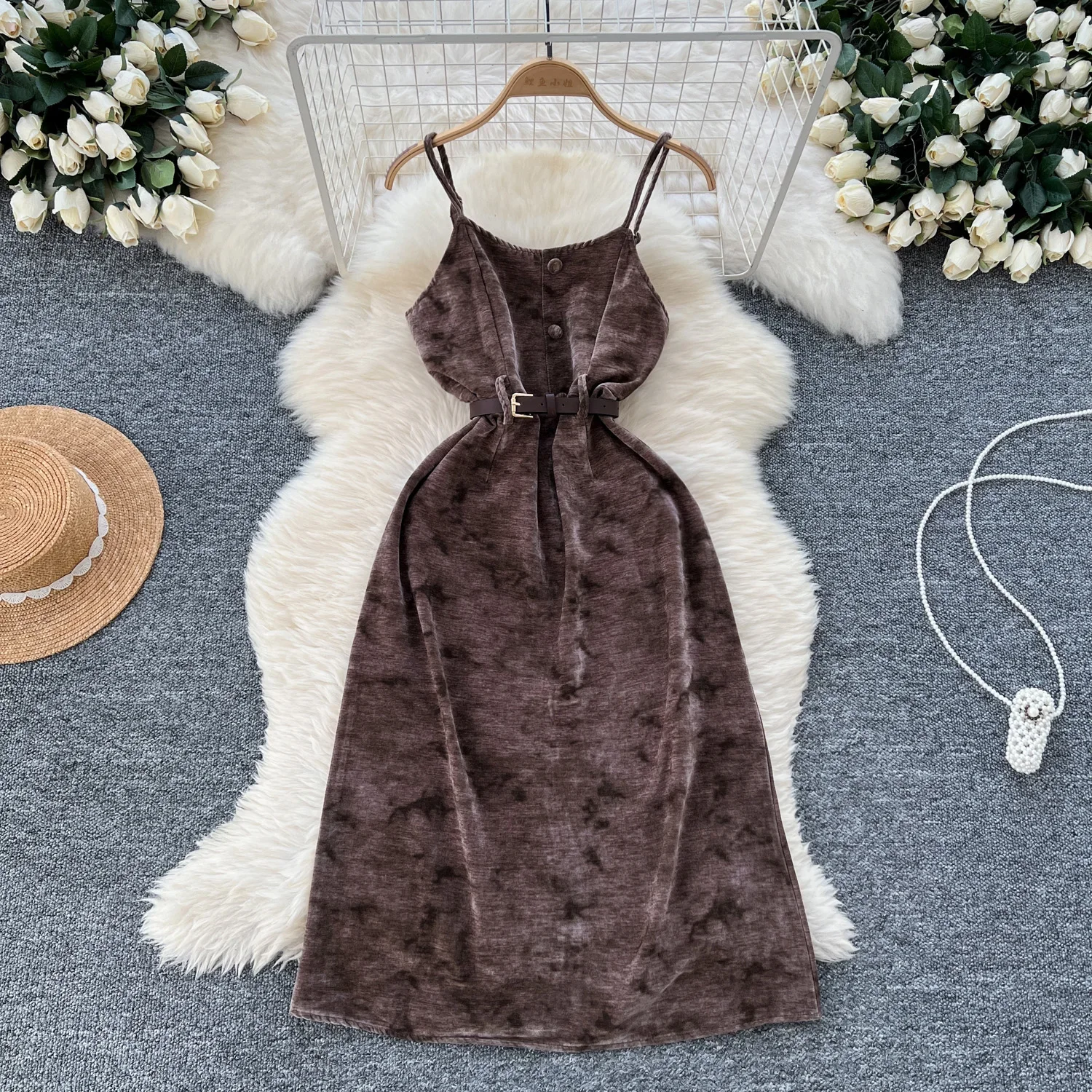 Elegant Split Vintage Sleeveless Chic Sashes Slim Straps Corduroy Dresses Korean Fashion Streetwear High Street Summer Clothing