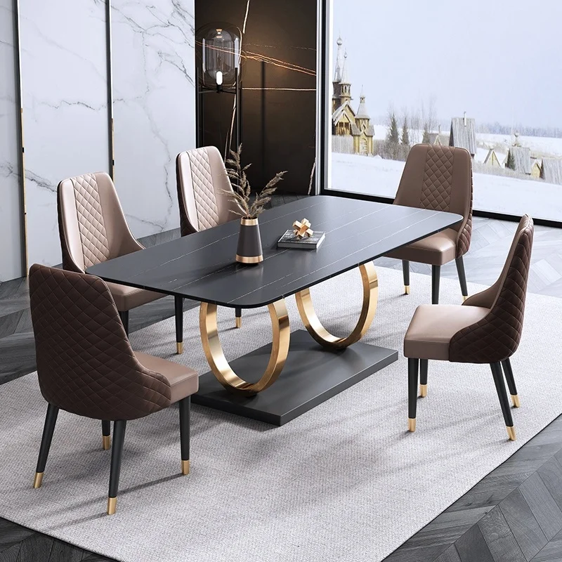 Italy Design Stainless Steel Golden Base Rectanqular Marble Table Set Luxury Diningtable And Chairs