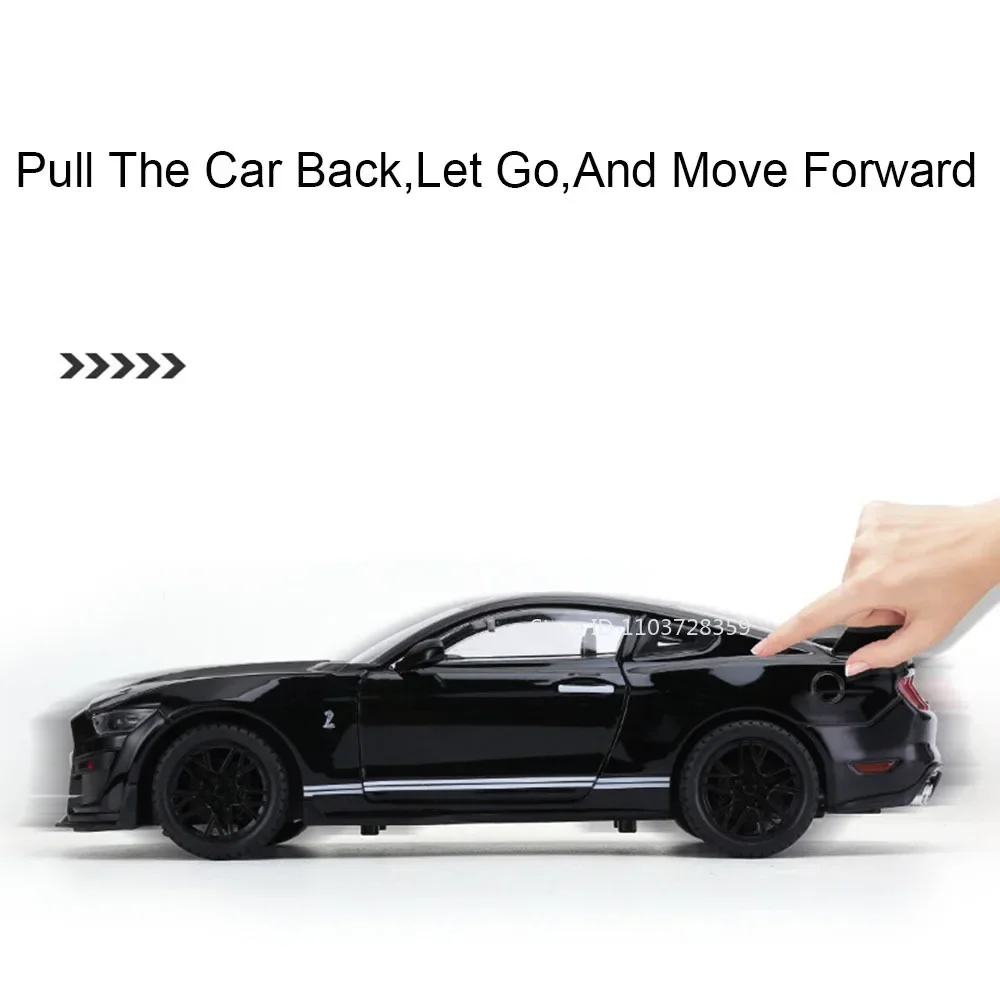 Maßstab 1:18 Mustang GT500 Spielzeug-Supercar-Modelle, Legierung, Druckguss, GTR-Sportwagen, Tonlicht, Türen geöffnet, zurückziehen, für Kindergeschenke