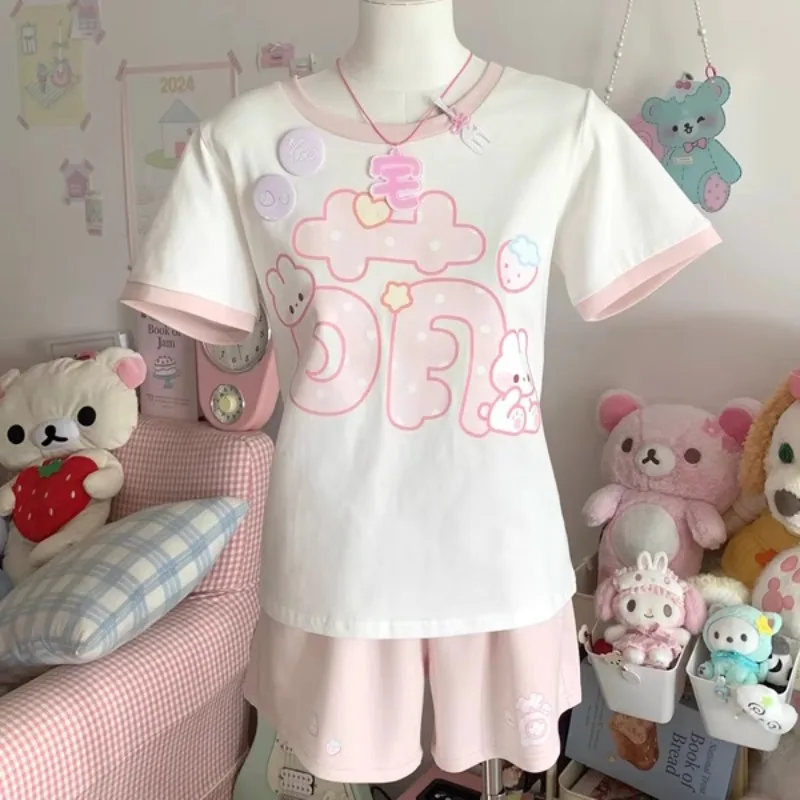 Japanisches Original süßes verwirrtes Bärenhaus, süßer Druck, reine Baumwolle, kurzärmeliges, lockeres Sport-T-Shirt mit Shorts, Anzug für Damen