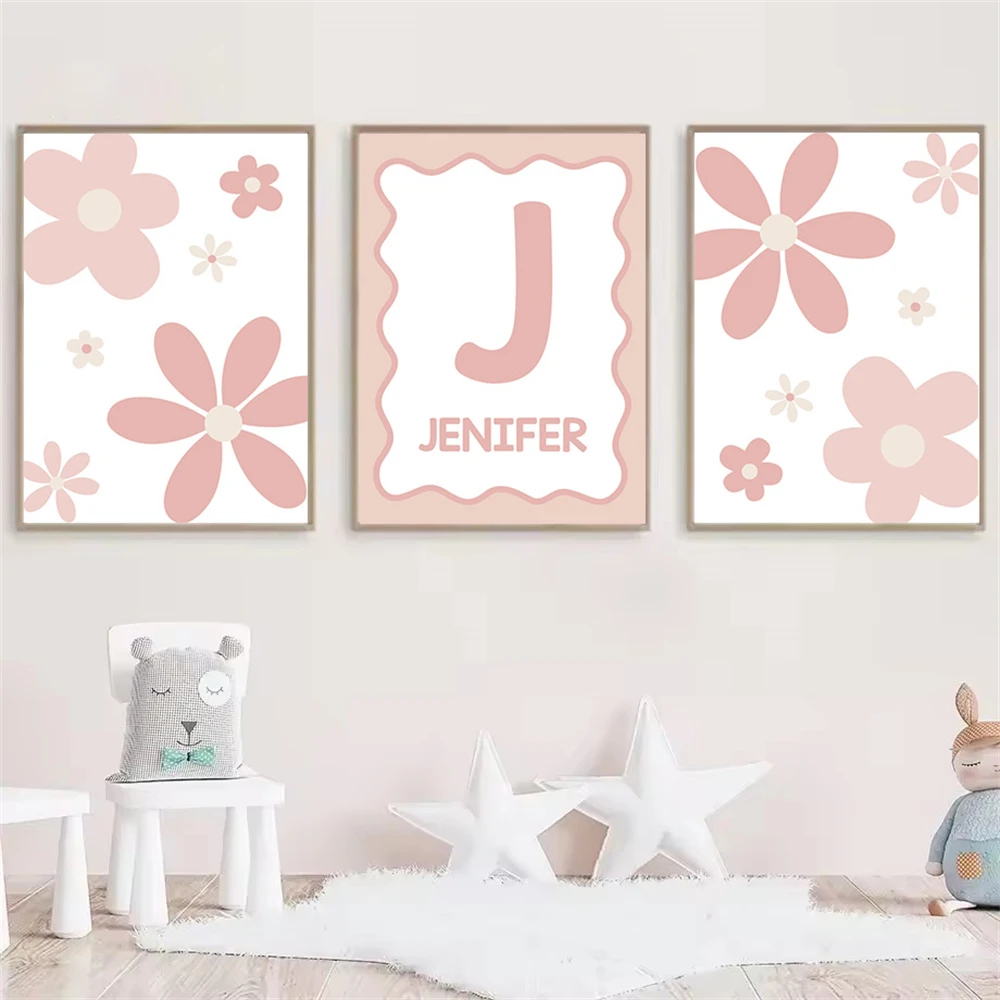Cartoon Pink Daisy Poster Custom Name Canvas Painting Wild Flowers Wall Art Print Nursery Posters Pictures Baby Girls Room Decor