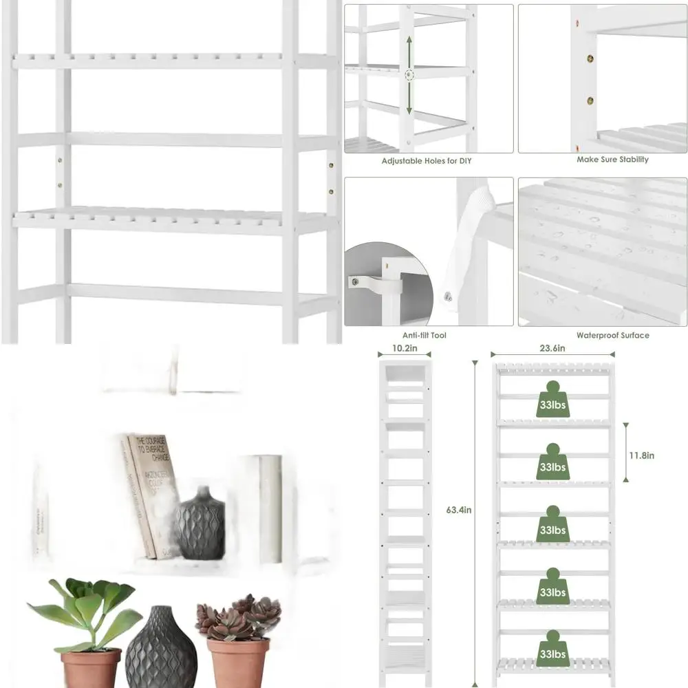 

6-уровневый белый книжный шкаф с регулируемыми полками для хранения дома, офиса и кухни