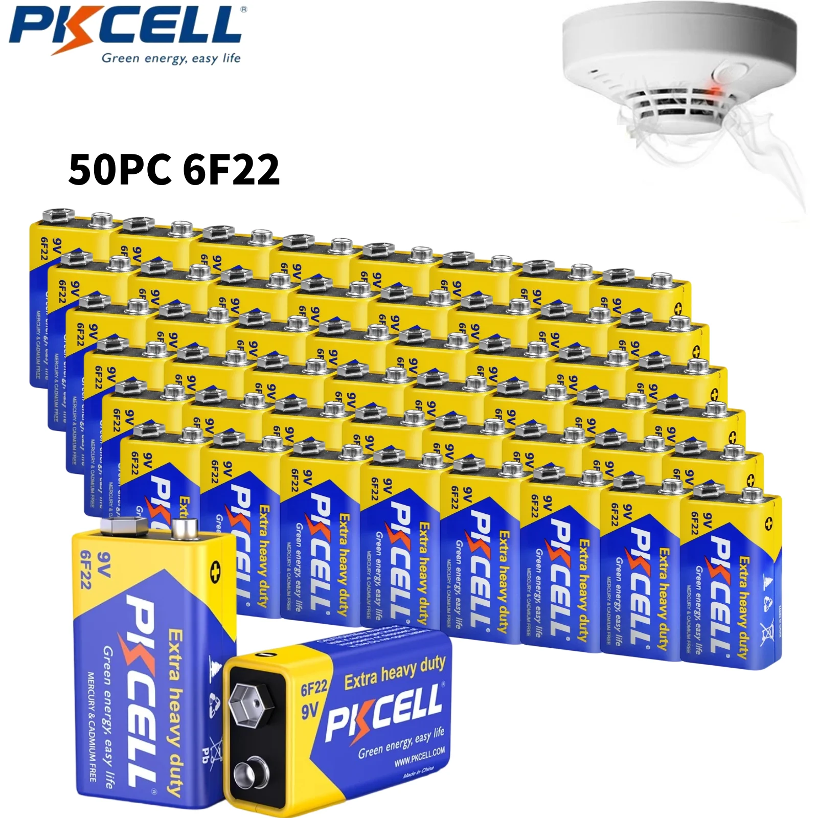 50-Count PKCELL 9V 6F22/PP3 Leak-Proof Dry Batteries 9 Volt Carbon Zinc Battery for Smoke Detector Multimeter Alarm System