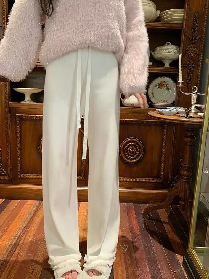 High Waisted Drawstring Pants Women 2024 Autumn Winter Loose Straight Black Pants Vintage Casual Knitted Wide Leg Pants Z72