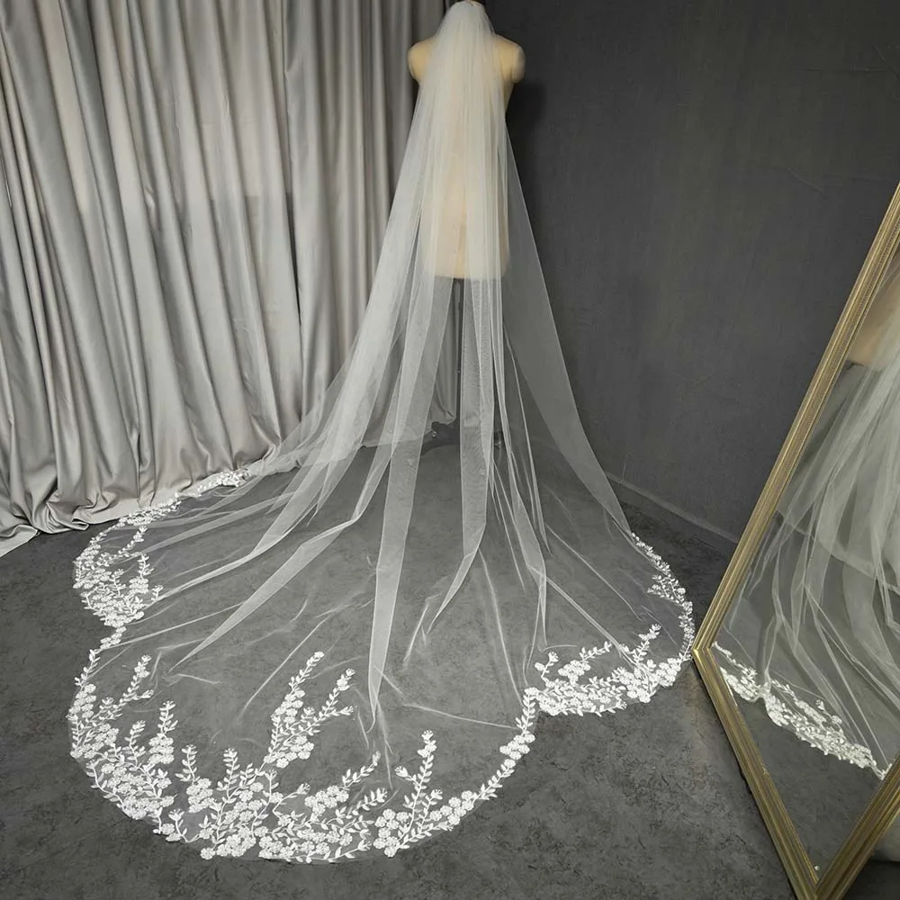 Customized Mermaid Tail Cathedral Wedding Veil, Beautiful Floral Lace Bridal Veil, 3m/3.5m/4m Long Single Tier Veil, Velo image 2