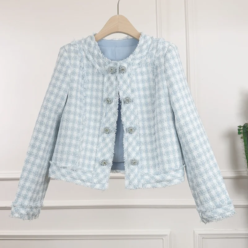 Round Neck Diamond Buckle Tassel Pink Blue Jacket Women Fashion Plaid New Small Fragrant Tweed Sweet Hook French Jacket