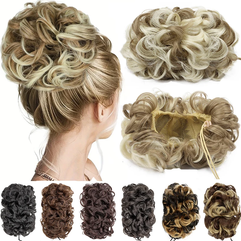 Mechones de pelo rizado marrón y Rubio de pelo sintético, pelo desordenado marrón oscuro, cubierta de moño alto, extensión de cola de caballo, cabello falso