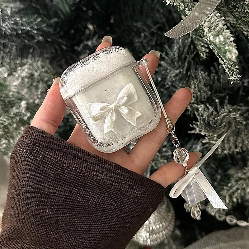 Stylish 3D Quicksand Earphone Case for Apple AirPods Pro 2 Headphone Case for AirPods 2 3 Hard Cover with Bow Pearl Keychain