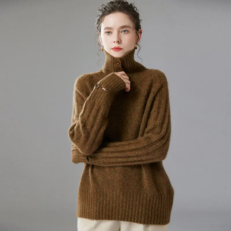 European high-end sweaters, soft and sticky, high-neck buttoned, thickened floral yarn mulberry silk cashmere sweaters