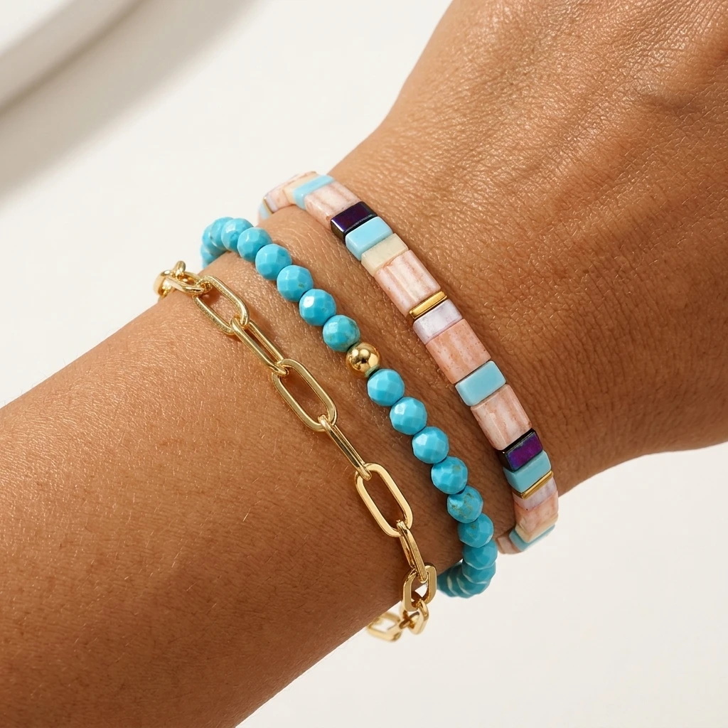 

Набор из 3-х браслетов из нержавеющей стали с бусинами из стекла в богемном стиле, многослойные, с геометрическим узором, на резинке, для женщин