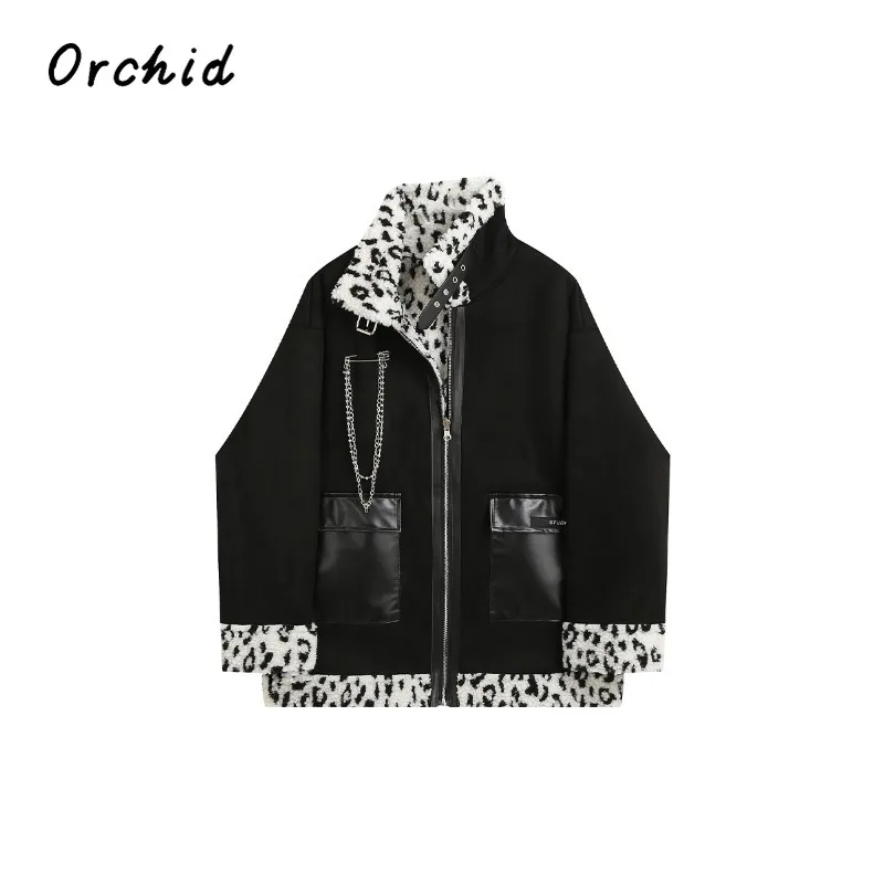 2023 American Retro Leopard Print Patchwork Mock Neck Chain Decorate Coat Women Flap Pocket Goth Punk Streetwear Warm Jacket Top