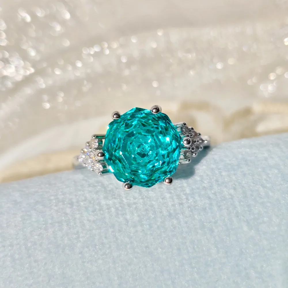 925 Sterling Silver Octagonal Millennium Rose Cut High Carbon Diamond Triangular Edge Paraiba Elegant Jewelry Ring