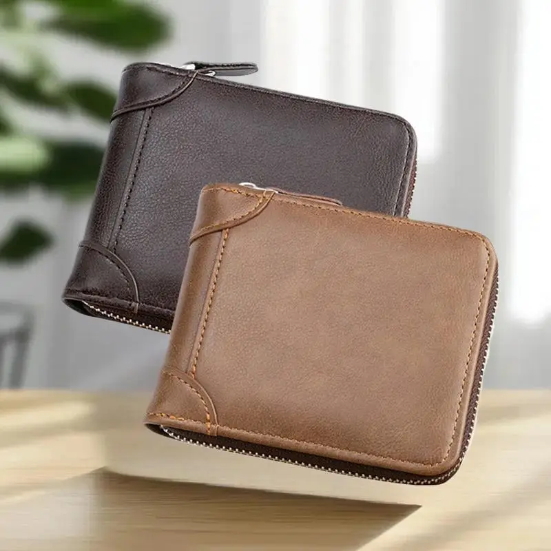 محافظ قصيرة فاخرة بسحاب للرجال، تصميم كلاسيكي، جيب للعملات المعدنية، فتحات متعددة للبطاقات، محفظة راقية، هدية مثالية