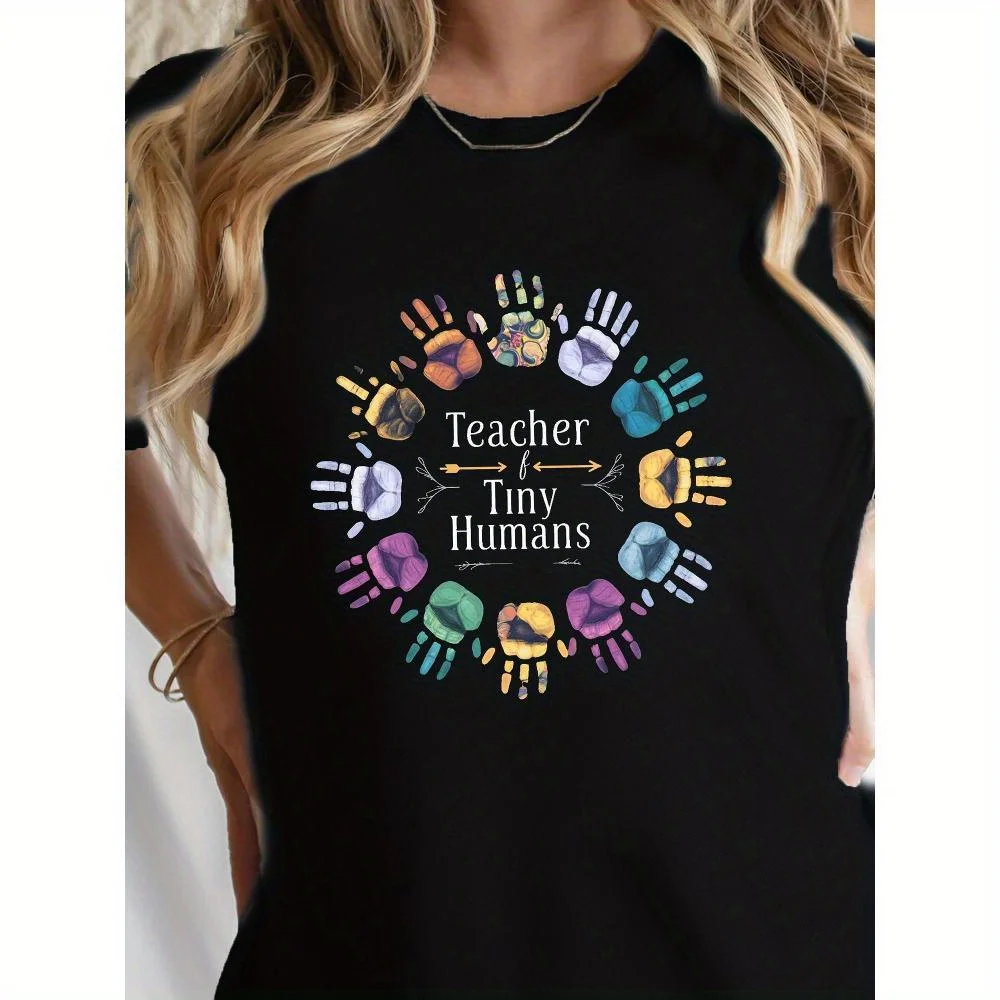 

Дизайн отпечатков руки, идеально подходит для весны и лета, летняя футболка | Футболка с игривым рисунком | Вязаная текстура, рубашки учителя 0XL-4XL