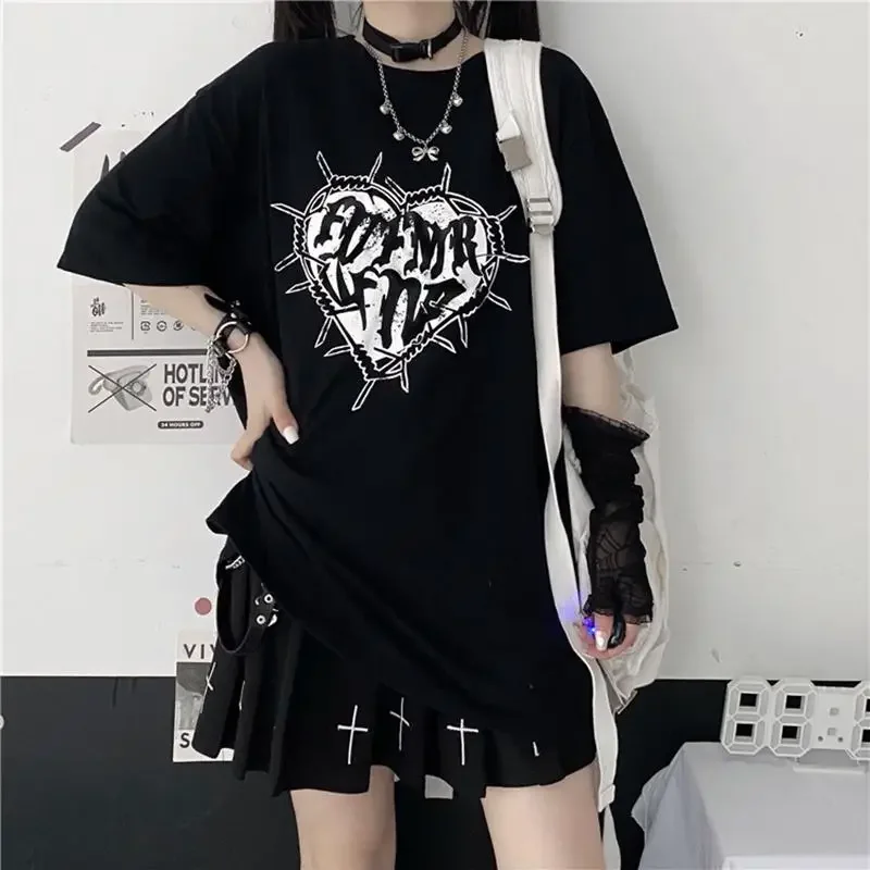 

Harajuku Fashion Goth Vintage Print T-shirt Women Streetwear Dark Gothic Emo Alt Short Sleeve O-neck Loose Black Tee Y2k Tops