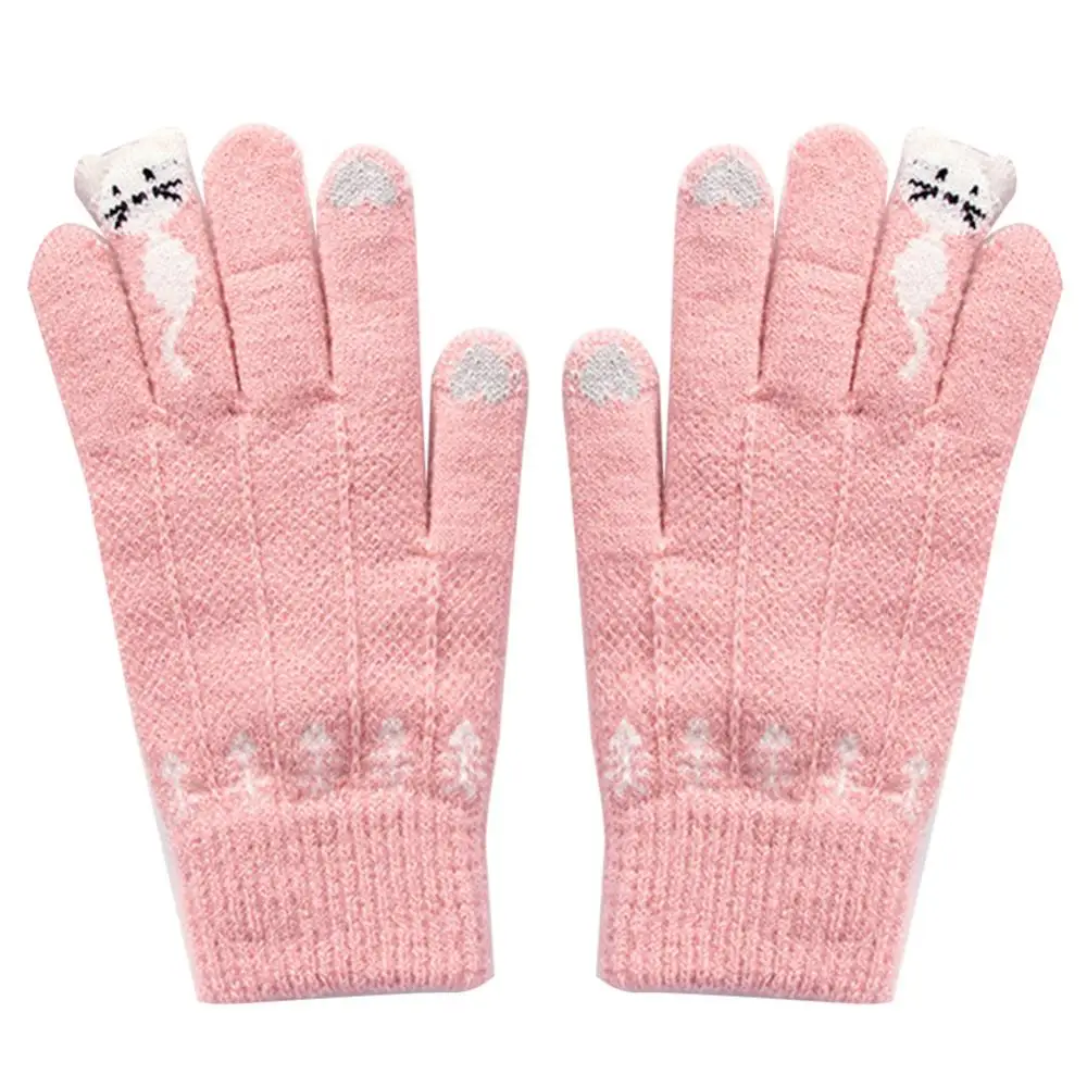 Faux Cashmere Women Winter Gloves Thermal Windproof Warm Gloves Cartoon Cats Gloves Full Finger Knitted Mittens