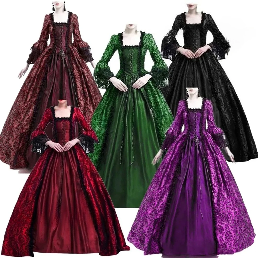 Damen Vintage Mittelalterliches Gothic-Kleid mit quadratischem Ausschnitt, ausgestellten Ärmeln, Spitzen-Patchwork, Maxikleid, figurbetontes Kleid, Kleider
