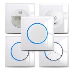Wallpad 1 2 3 4 Gang Wall Switch White Glass Plate Pass-through 2 Way Blinds Impulse Momentary Light Switch Circle LED Indicator