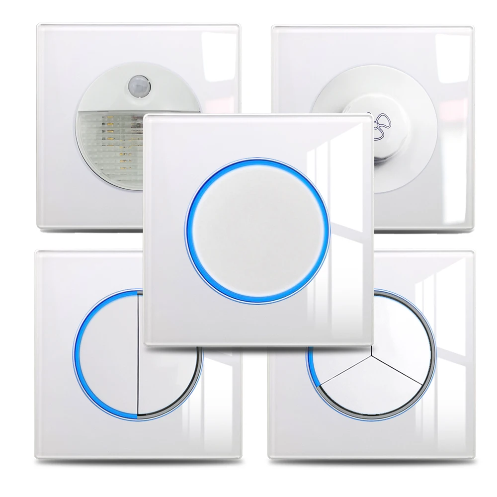 Wallpad 1 2 3 4 Gang Wall Switch White Glass Plate Pass-through 2 Way Blinds Impulse Momentary Light Switch Circle LED Indicator