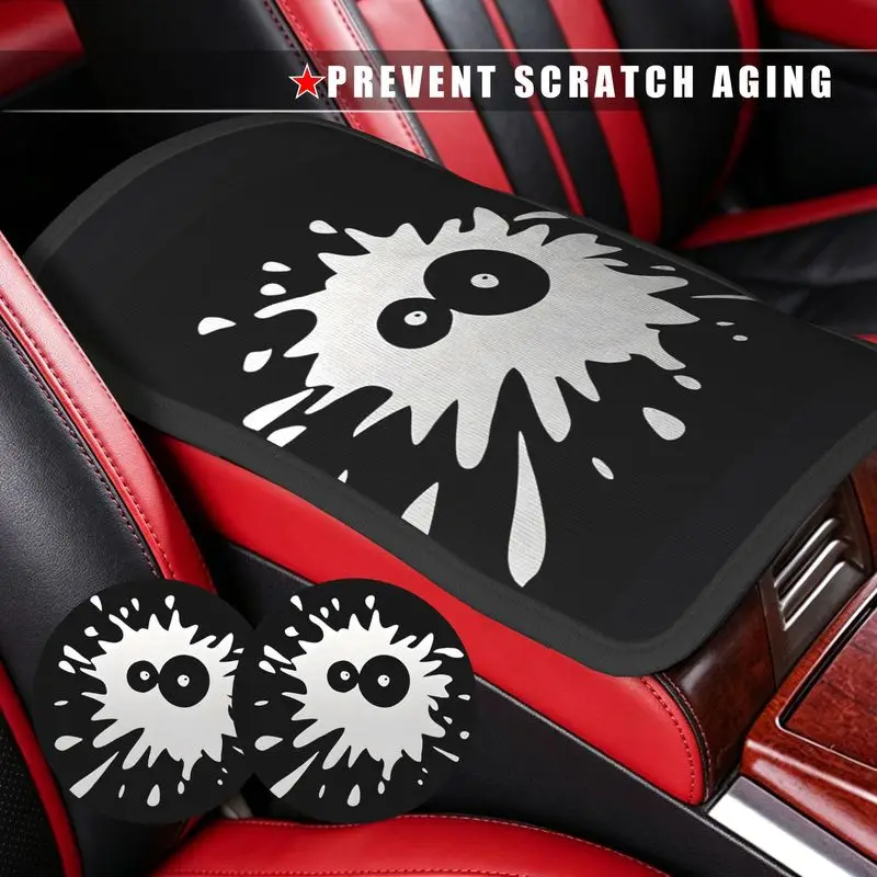 1Pc Car Armrest Cover & 2Pcs Cup Coasters, White Splash Monster Print, Auto Interior Goods For Scratch & Aging Prevention