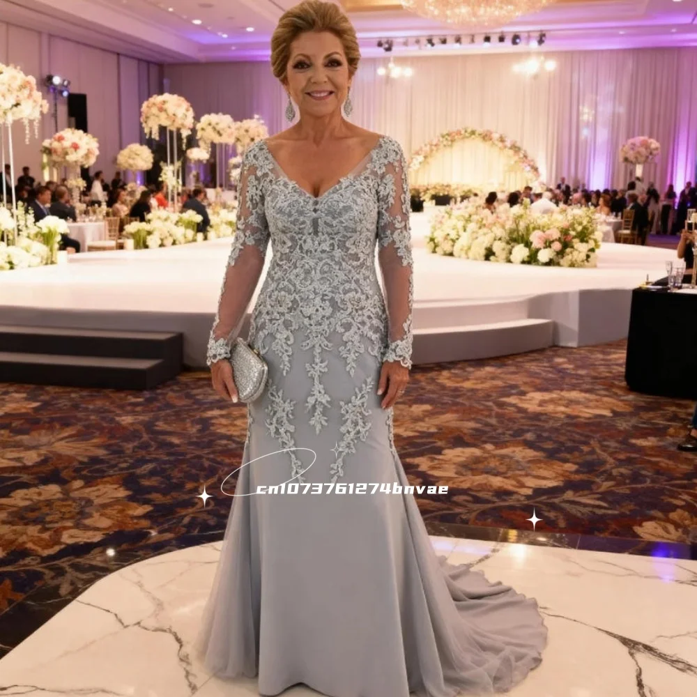 

Elegant Mermaid Long Mother Of The Bride Dresses V-Neck Long Sleeves Lace Silver Wedding Guests Party Gowns Customized