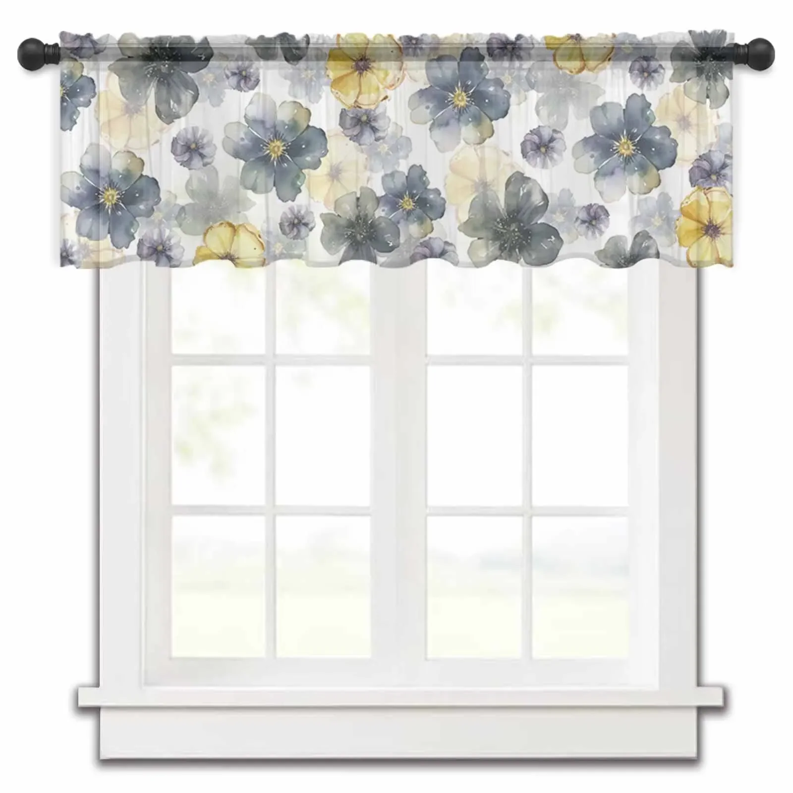 Plant Lemon Yellow Blue Purple Flower Watercolor Kitchen Sheer Curtains Tulle Small Curtain Living Room Voile Drapes Home Decor