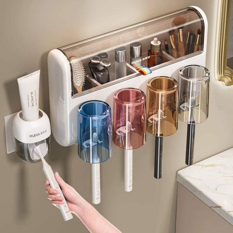 JOYBOS Automatic Toothpaste Dispenser Wall Mount Toothbrush Holder Bathroom Family Set 3&4 Cups Dust Proof Organizer No Drill