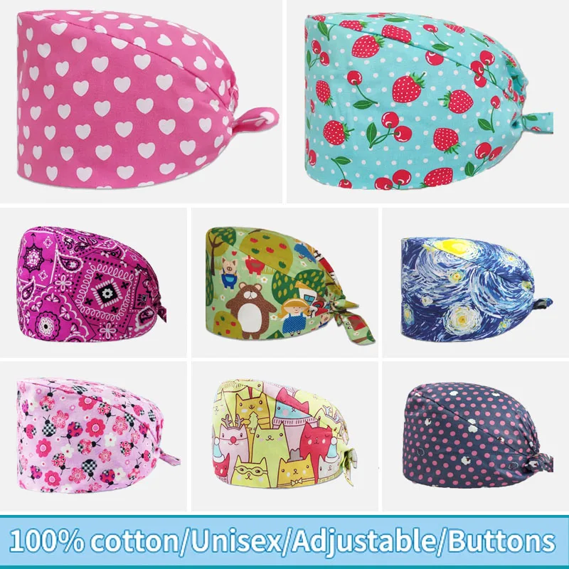 Chirurgische Caps Mode Apotheek Baotou Caps Medische Print Pet Clinic Vrouwen Artsen Chirurgische Hoed Verpleegkundige Arts Hoed Met Knopen