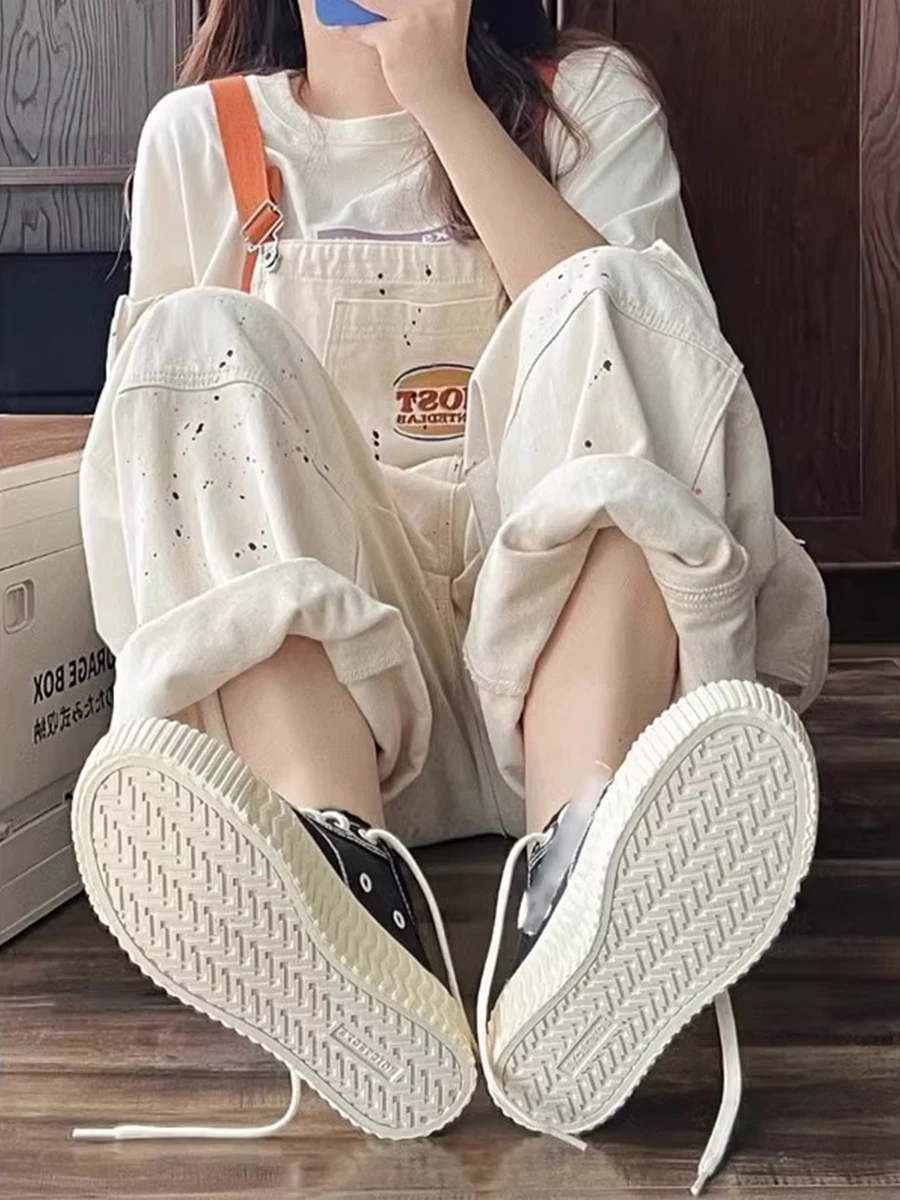 

Light Beige Splatter Denim Overalls Women's Spring 2025 New American Retro orties Workwear Wide Leg Jumpsuit Jeans