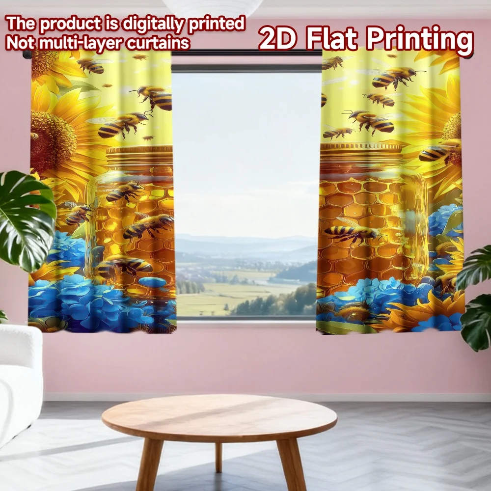 

2D flat printing 2pcs Curtains Bees and Sunflower Harmony Digital Printed Polyester Drapes Family Party Decoration Use for