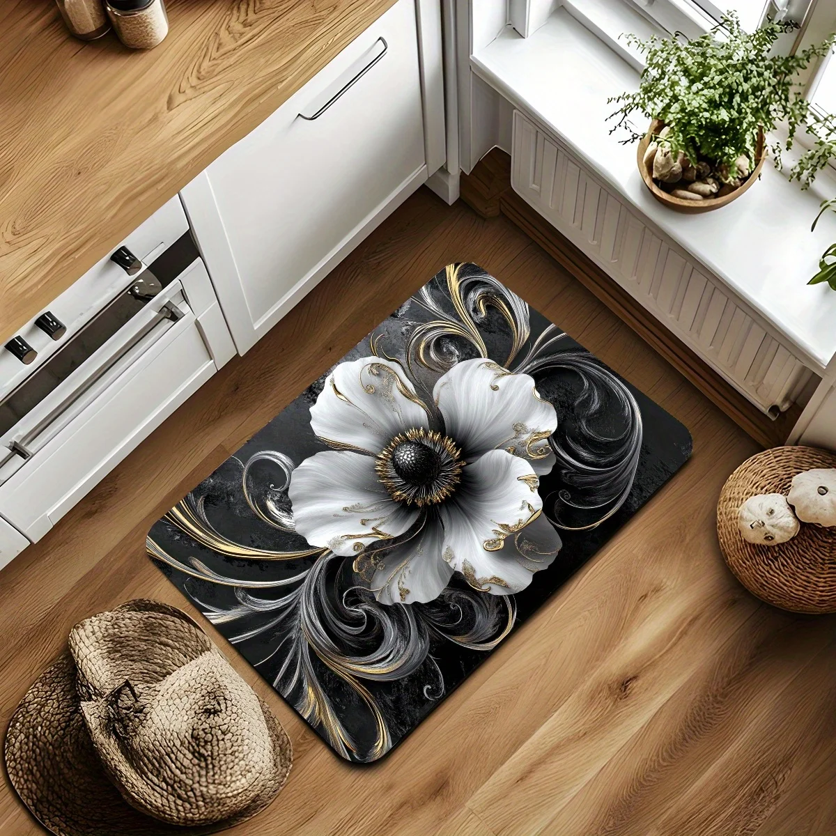 Elegant Floral Baroque Bathroom Mat Rug Runner Floor Decor Luxury White Gold Peony Print Home Accent Area Carpet Bath Mat